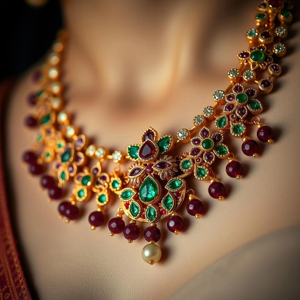 Traditional Maharashtrian Flower Motif Kemp Ruby-Emerald Short Necklace - Macro Detail Craftsmanship Focus