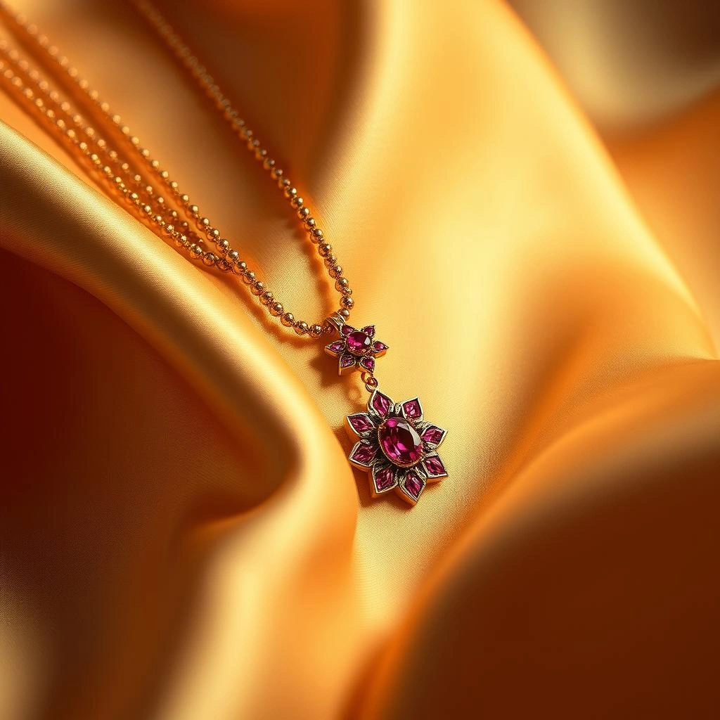 Triple-Strand Micro Bead 1-Gram Gold Haar with Kemp Ruby Floral Medallion - 45° Hero Perspective Angle