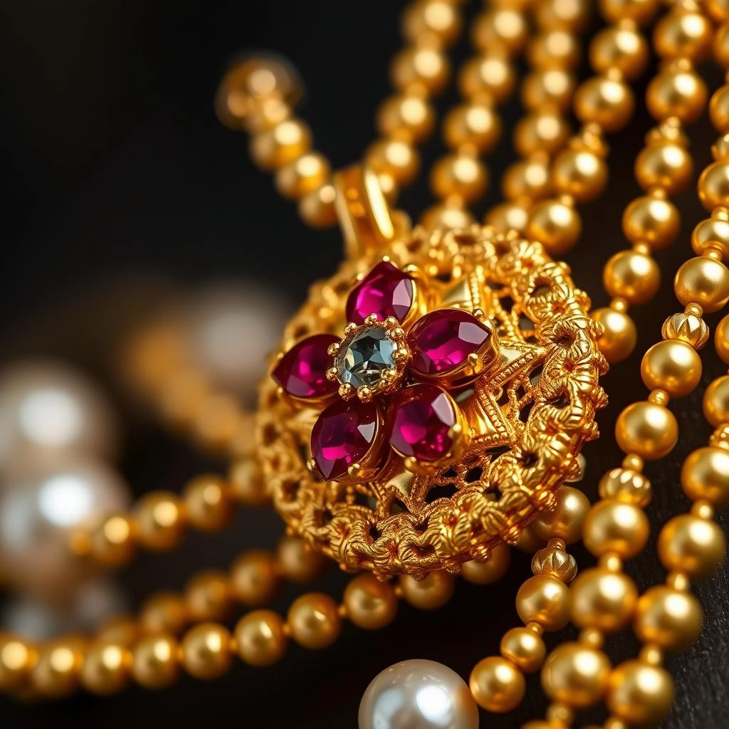 Triple-Strand Micro Bead 1-Gram Gold Haar with Kemp Ruby Floral Medallion - Macro Detail Craftsmanship Focus