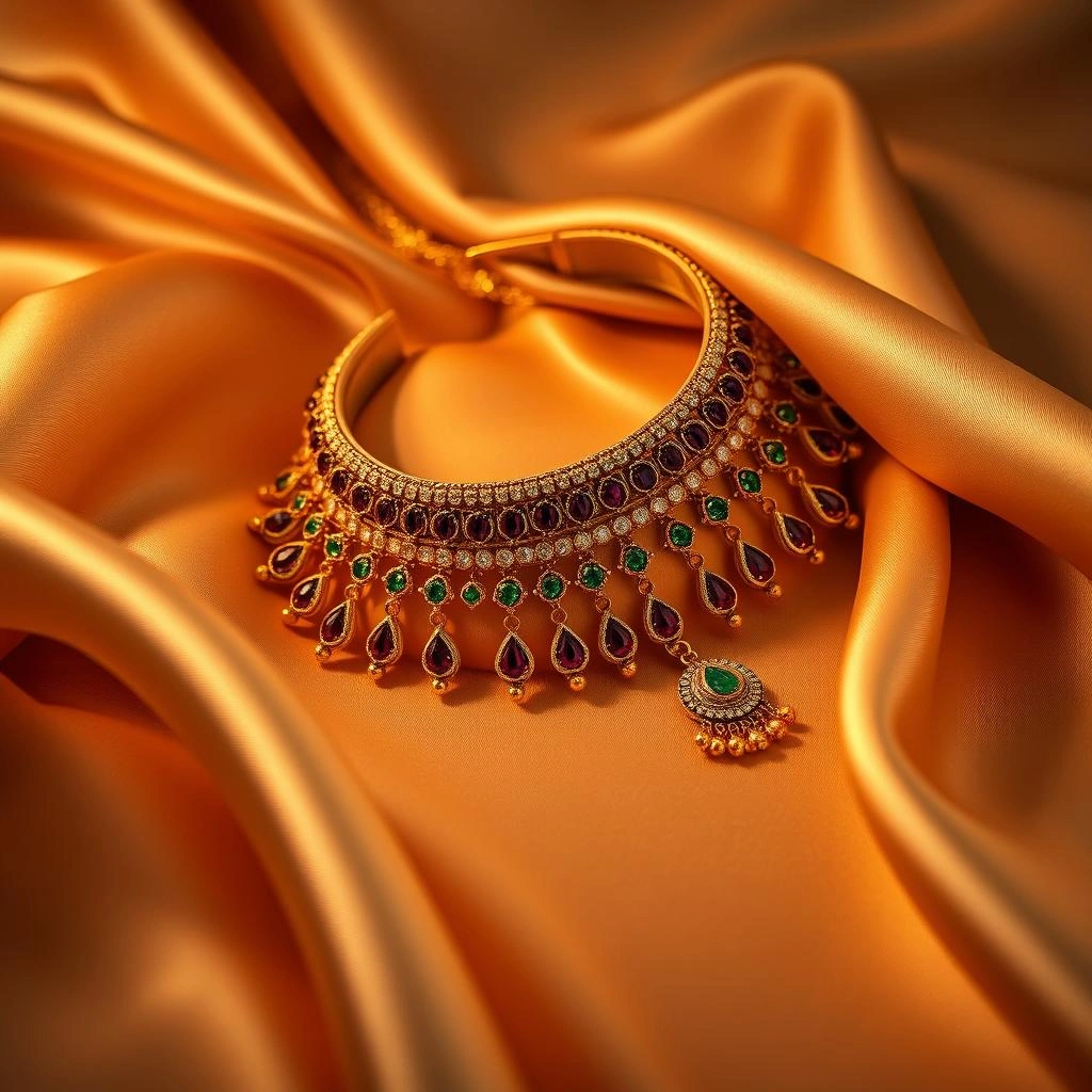 Uncut Polki Kundan & Ruby-Emerald Hasli Choker Set with Gold Droplet Fringe - 45° Hero Perspective Angle
