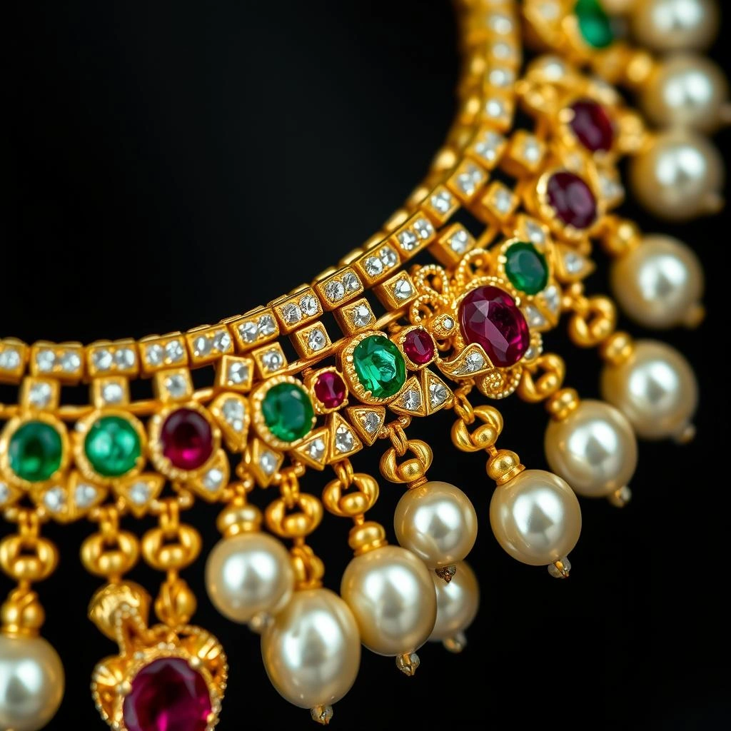 Uncut Polki Kundan & Ruby-Emerald Hasli Choker Set with Gold Droplet Fringe - Macro Detail Craftsmanship Focus
