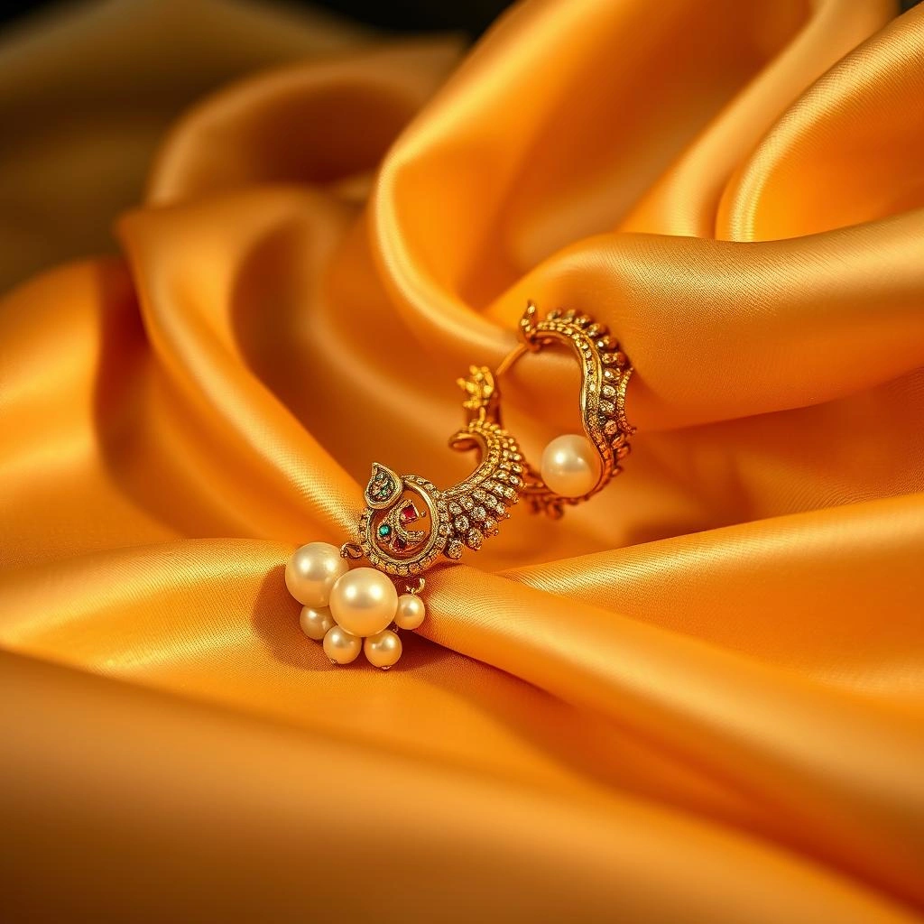 Vintage 1-Gram Gold Filigree Kairi Mango Ear Cuffs with Pearl Kanauti - 45° Hero Perspective Angle